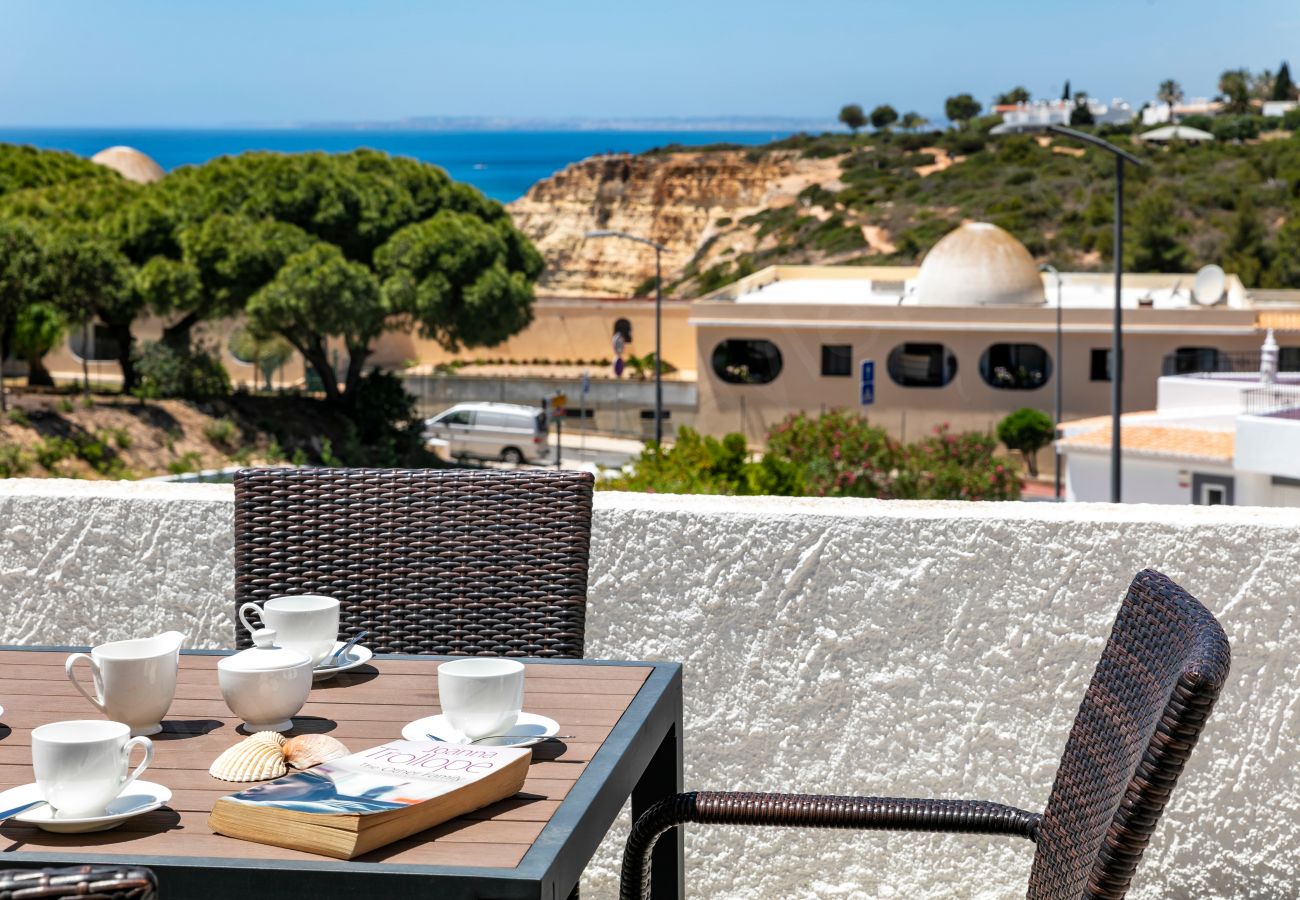 Refeições no terraço, vista para o mar com pinheiro e pequeno edifício